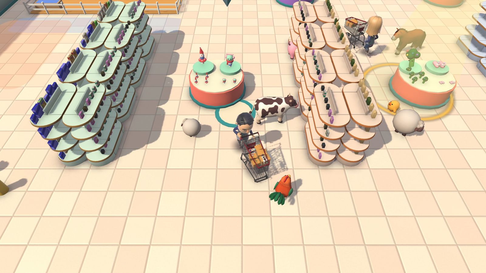 Inside Gloubi Market: a shopper pushes a cart while a cow, a sheep and a carrot roam the aisles