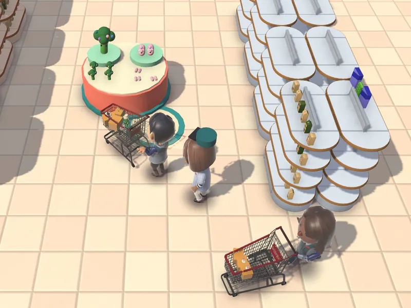 Shoppers with their carts next to a podium of living broccoli