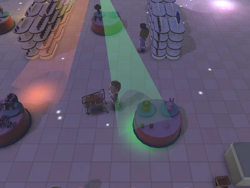 A Disco Party in the store: coloured lights sweep across the aisles
